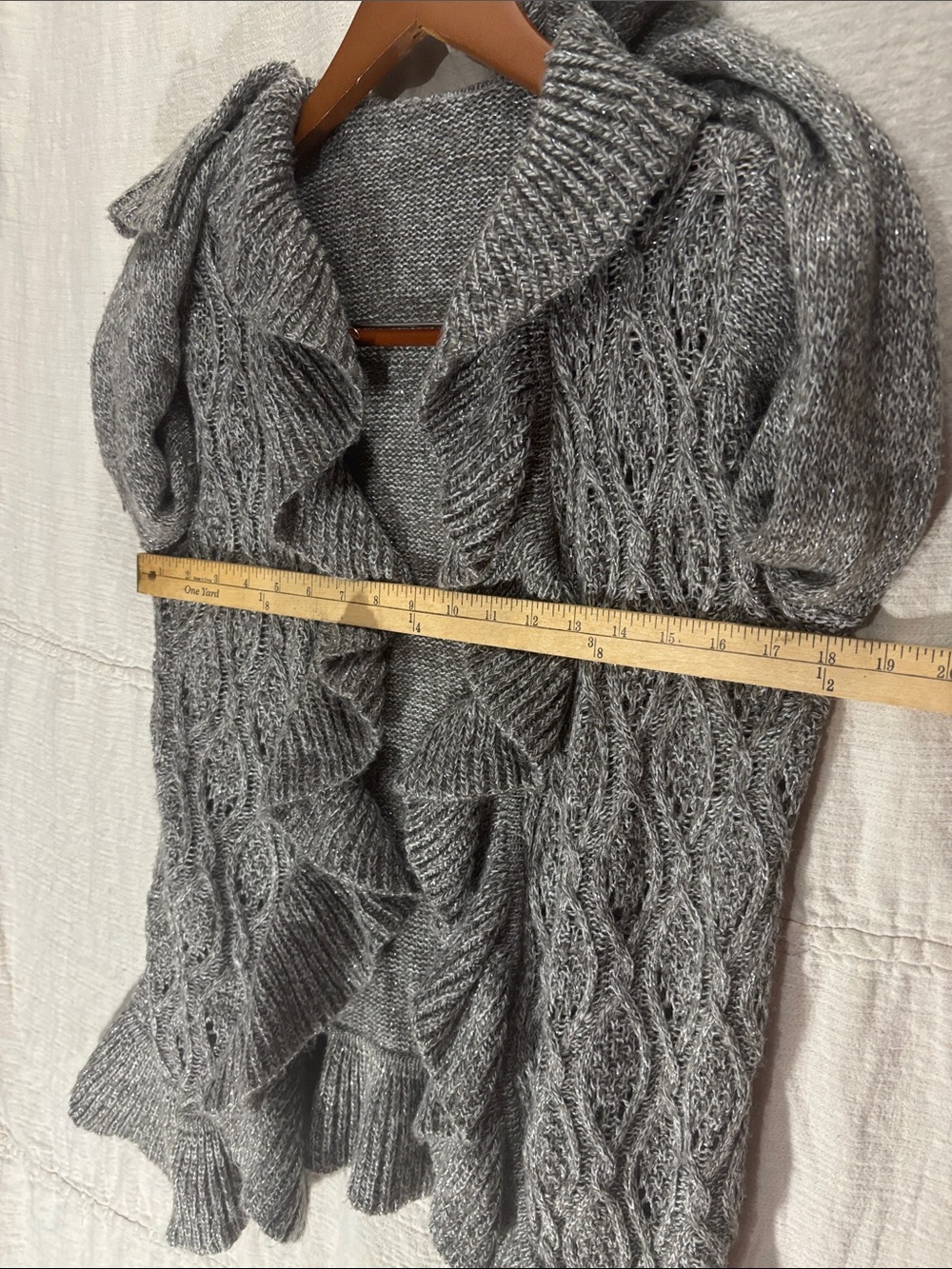 By Design Gray Marled Shimmer Ruffle-Trim Cable Knit Cardigan Sweater Size S/M - Picture 6 of 8